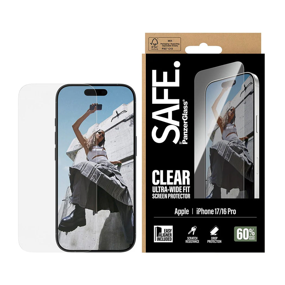 Védőfólia PanzerGlass Safe képernyőre. Ultra-Wide Fit EasyAligner az Apple iPhone 17 / 16 Pro-hoz, Edzett üveg, Teljes ragasztás