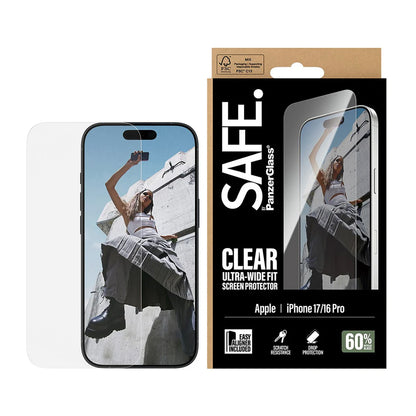 Védőfólia PanzerGlass Safe képernyőre. Ultra-Wide Fit EasyAligner az Apple iPhone 17 / 16 Pro-hoz, Edzett üveg, Teljes ragasztás