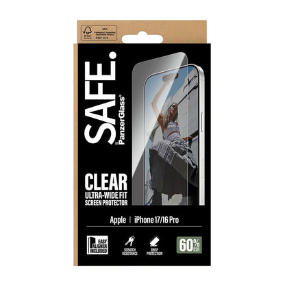 Védőfólia PanzerGlass Safe képernyőre. Ultra-Wide Fit EasyAligner az Apple iPhone 17 / 16 Pro-hoz, Edzett üveg, Teljes ragasztás