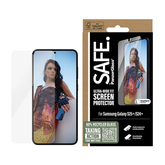 PanzerGlass Safe képernyővédő fólia. Ultra-Wide Fit EasyAligner a Samsung Galaxy S25+ S936 / S24+ S926 készülékekhez, Edzett üveg, Teljes ragasztás