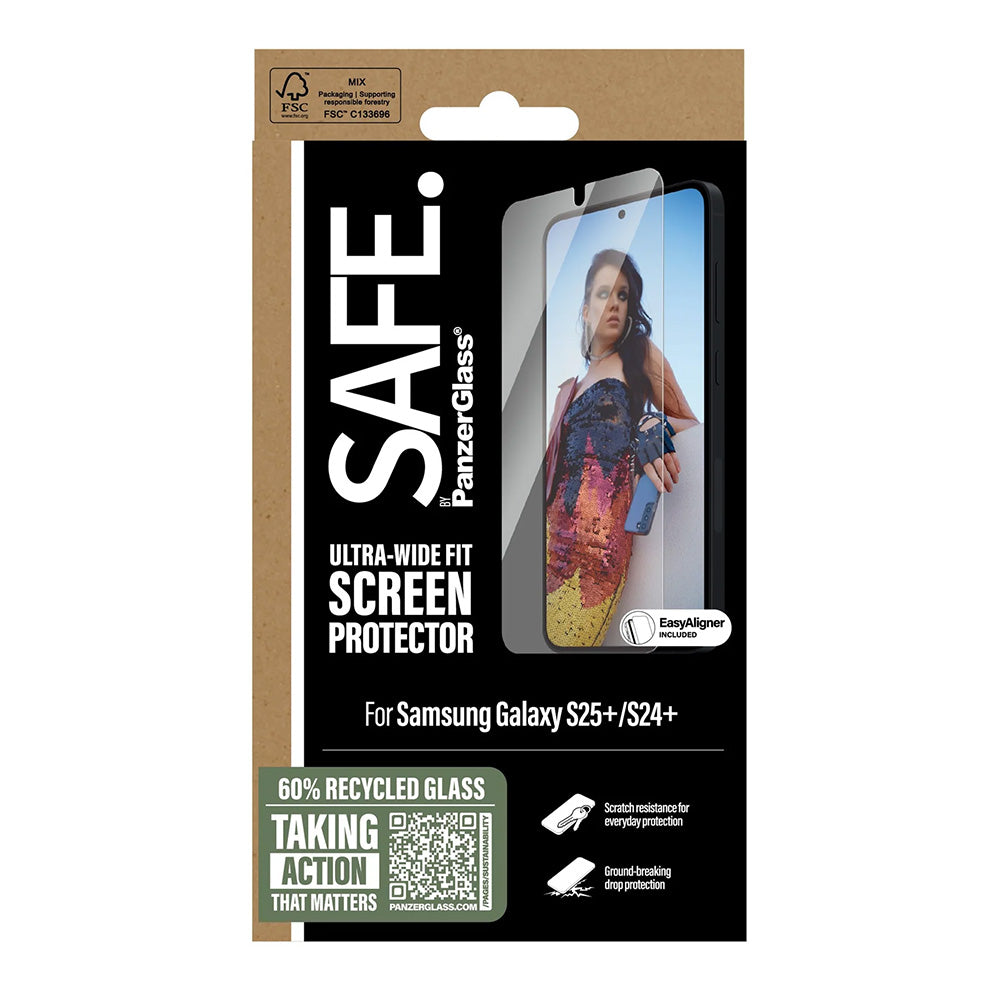 PanzerGlass Safe képernyővédő fólia. Ultra-Wide Fit EasyAligner a Samsung Galaxy S25+ S936 / S24+ S926 készülékekhez, Edzett üveg, Teljes ragasztás