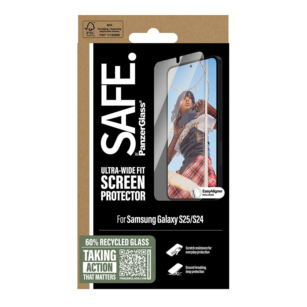 PanzerGlass Safe képernyővédő fólia. Ultra-Wide Fit EasyAligner a Samsung Galaxy S25 S931 / S24 S921 készülékekhez, Edzett üveg, Teljes ragasztás
