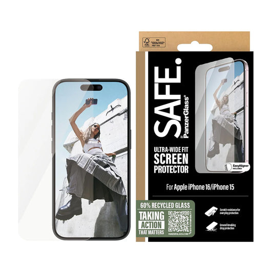 PanzerGlass Safe képernyővédő fólia. Ultra-Wide Fit az Apple iPhone 16 / 15 készülékekhez, Edzett üveg, Teljes ragasztás