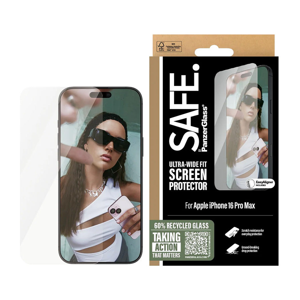 PanzerGlass Safe képernyővédő fólia. Ultra-Wide Fit az Apple iPhone 16 Pro Max számára, Edzett üveg, Teljes ragasztás