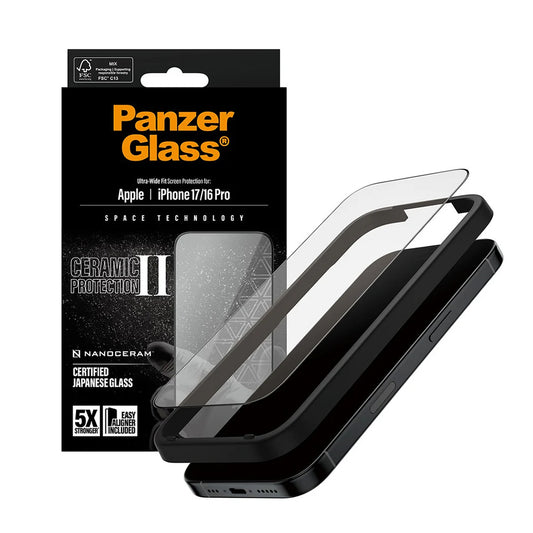 PanzerGlass Ultra-Wide Ceramic II EasyAligner védőfólia Apple iPhone 17 / 16 Pro készülékhez, Edzett üveg, Teljes ragasztás, Fekete