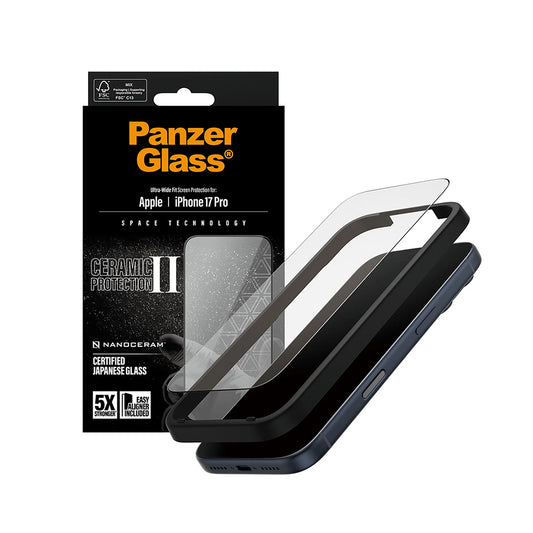 Védőfólia PanzerGlass Ultra-Wide Ceramic II EasyAligner Apple iPhone 17 Pro-hoz, Edzett Üveg, Teljes Ragasztás, Fekete