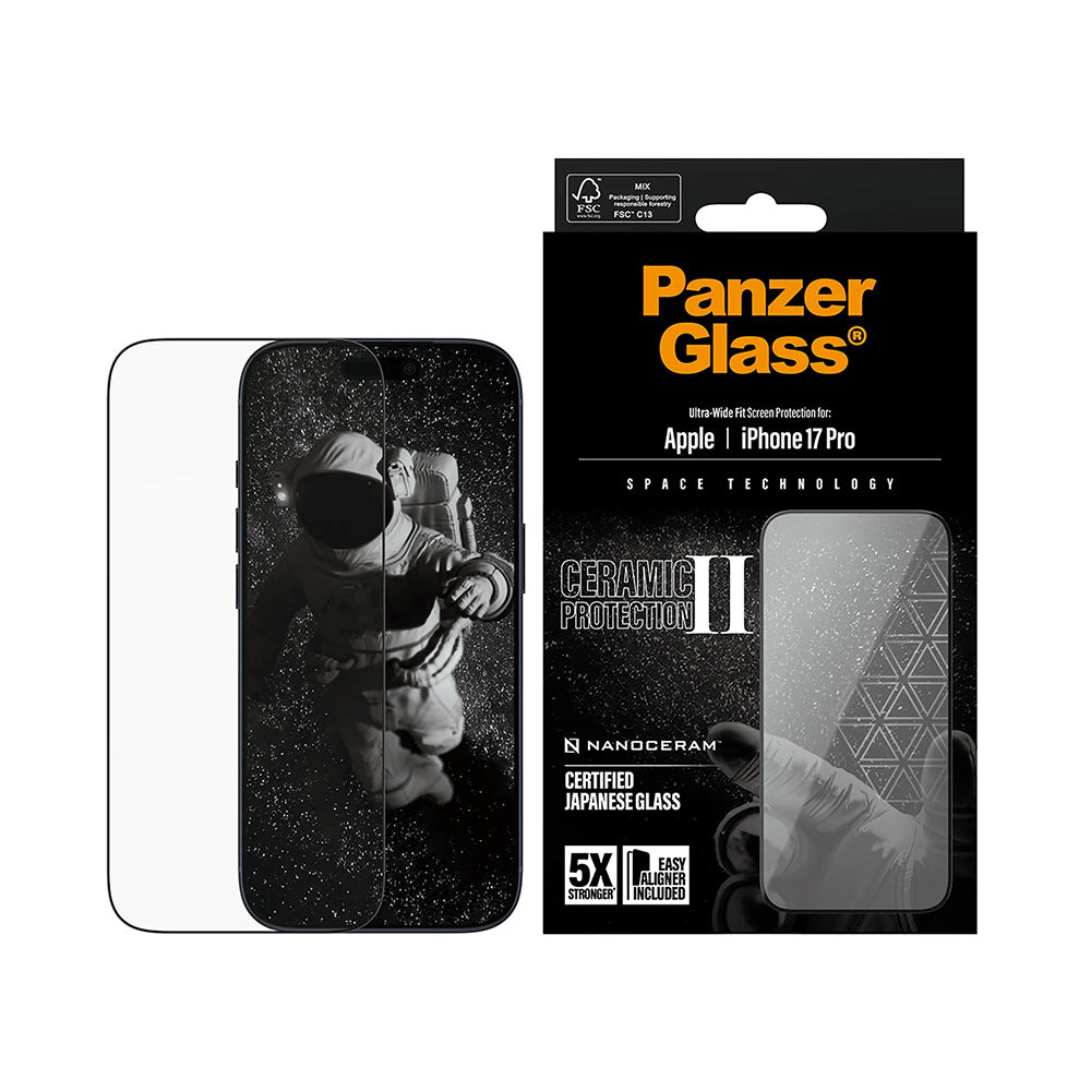 Védőfólia PanzerGlass Ultra-Wide Ceramic II EasyAligner Apple iPhone 17 Pro-hoz, Edzett Üveg, Teljes Ragasztás, Fekete