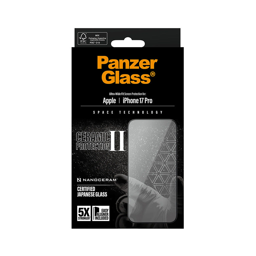Védőfólia PanzerGlass Ultra-Wide Ceramic II EasyAligner Apple iPhone 17 Pro-hoz, Edzett Üveg, Teljes Ragasztás, Fekete