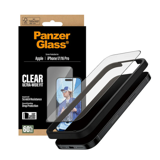 PanzerGlass Ultra-Wide Fit EasyAligner védőfólia Apple iPhone 17 / 16 Pro készülékhez, Edzett üveg, Teljes ragasztás, Fekete