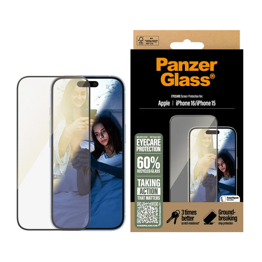 PanzerGlass Ultra-Wide Fit EyeCare védőfólia Apple iPhone 16 / 15 készülékekhez, Edzett üveg, Teljes ragasztás, Fekete