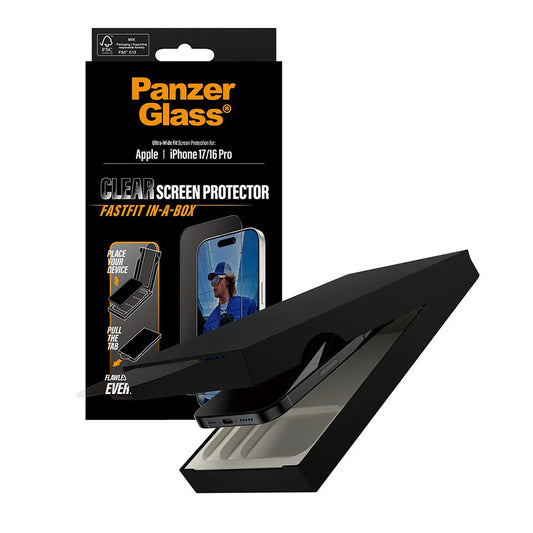 PanzerGlass Ultra-Wide Fit Fastfit védőfólia Apple iPhone 17 / 16 Pro készülékhez, Edzett üveg, Teljes ragasztás, Fekete