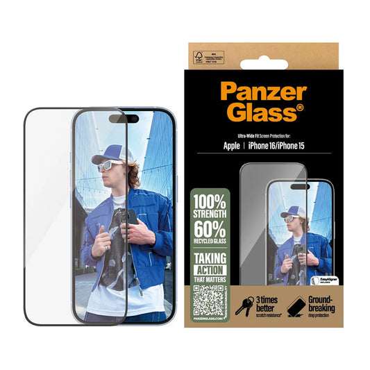 PanzerGlass Ultra-Wide Fit védőfólia Apple iPhone 16 / 15 készülékekhez, Edzett üveg, Teljes ragasztás, Fekete