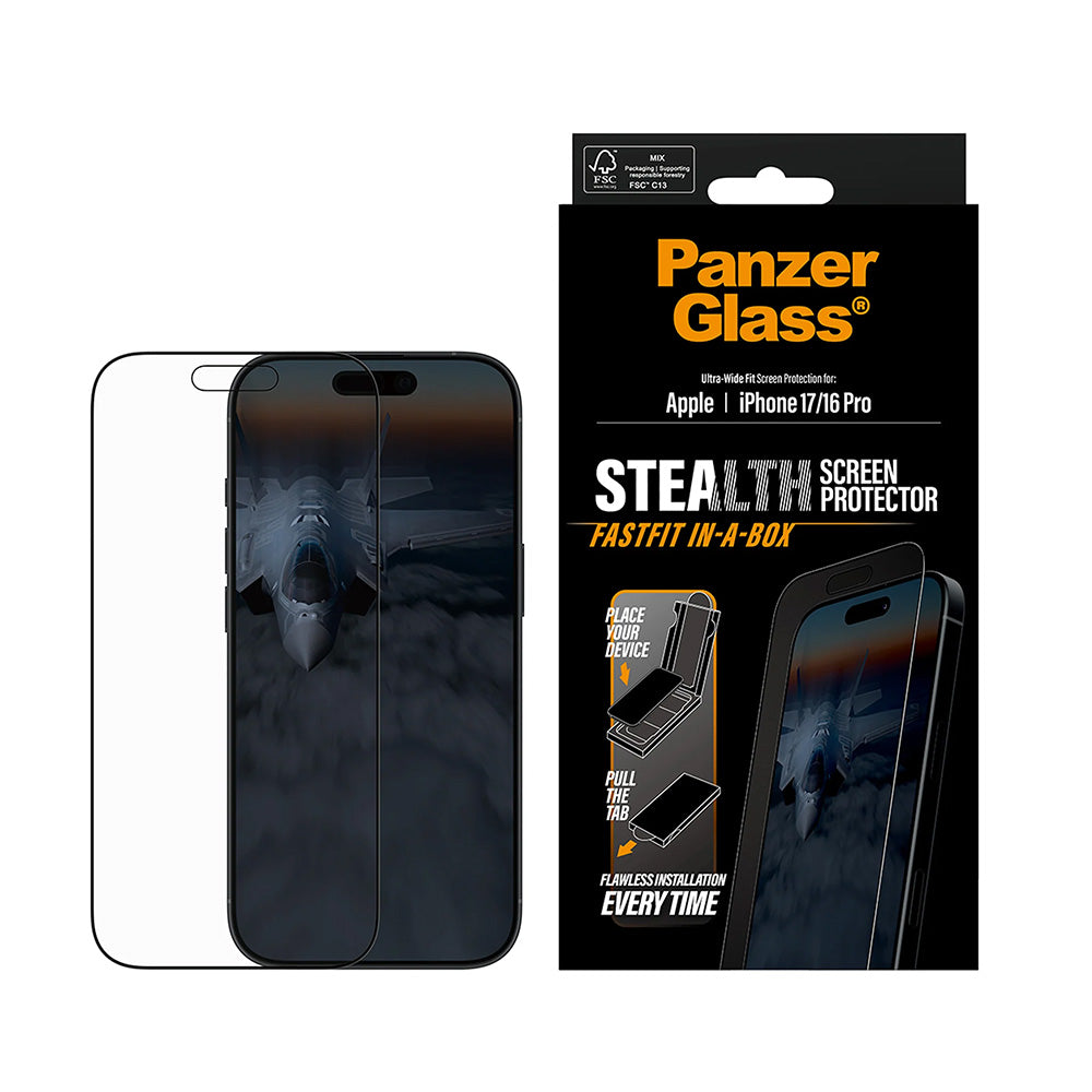 PanzerGlass Ultra-Wide Fit Stealth Fastfit védőfólia Apple iPhone 17 / 16 Pro készülékhez, Edzett üveg, Teljes ragasztás, Fekete