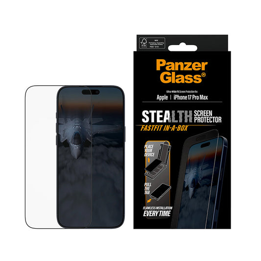 PanzerGlass Ultra-Wide Fit Stealth Fastfit Screen Protector for Apple iPhone 17 Pro Max, Tempered Glass, Full Glue, Black