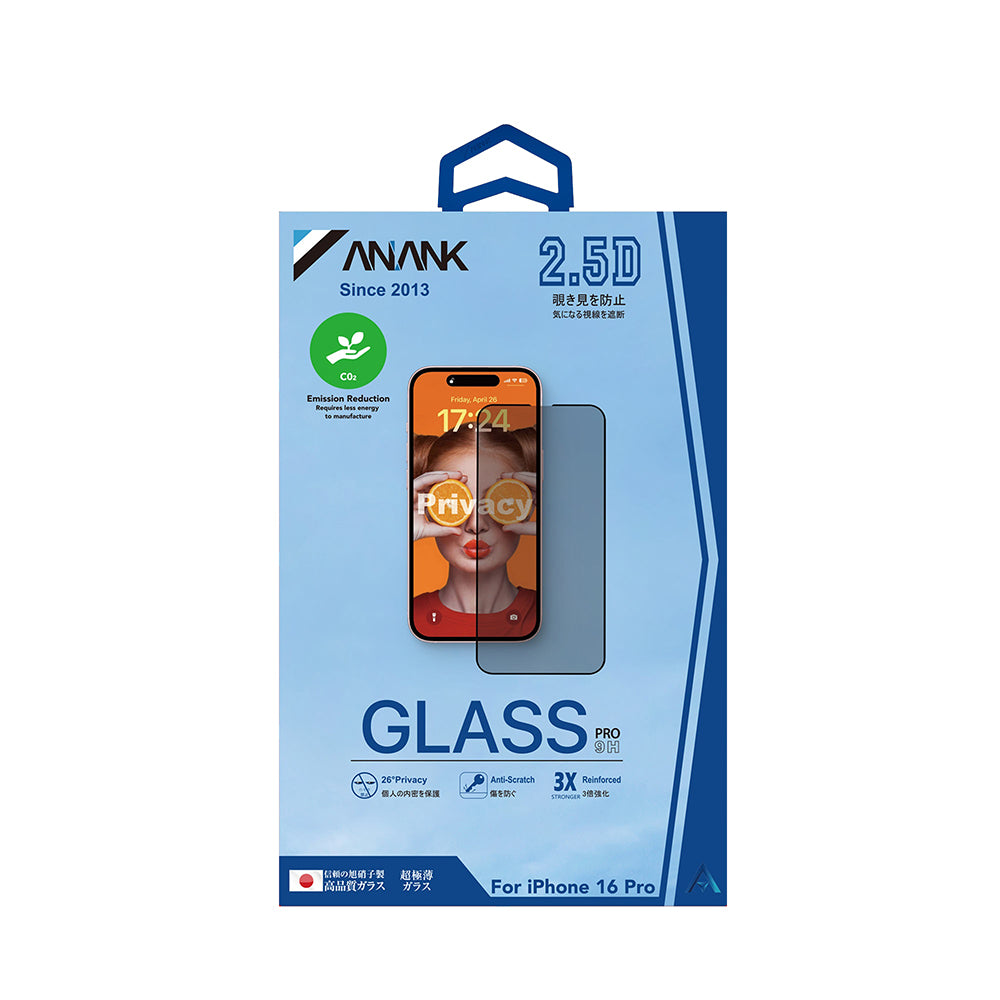 Anank 3X Reinforced Privacy Screen Protector for Apple iPhone 16 Pro, Tempered Glass, Full Glue, 2.5D