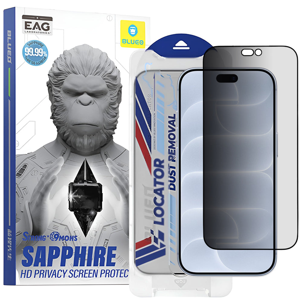 Blueo Premium Sapphire Applicator adatvédő kijelzővédő fólia Apple iPhone 18 Pro készülékhez, edzett üveg, teljes felületén ragasztós