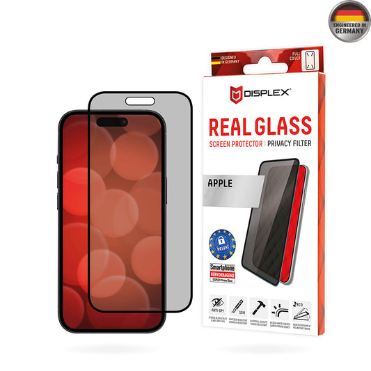 Displex Real Glass Privacy képernyővédő fólia Apple iPhone 16 Plus-hoz, biztonságos üveg, teljes ragasztóval