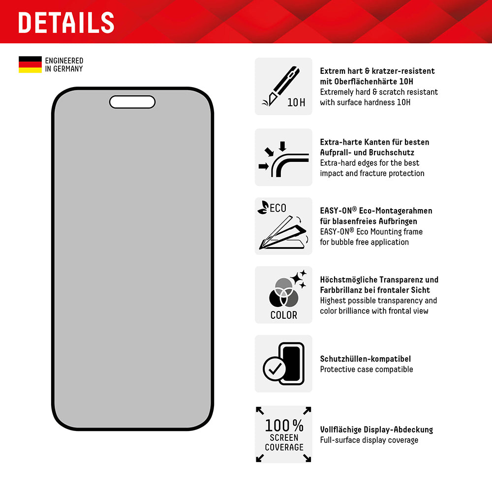 Displex Real Glass Privacy képernyővédő fólia Apple iPhone 16 Plus-hoz, biztonságos üveg, teljes ragasztóval