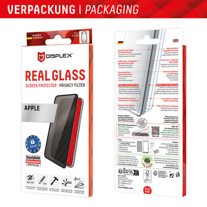 Displex Real Glass Privacy képernyővédő fólia Apple iPhone 16 Plus-hoz, biztonságos üveg, teljes ragasztóval