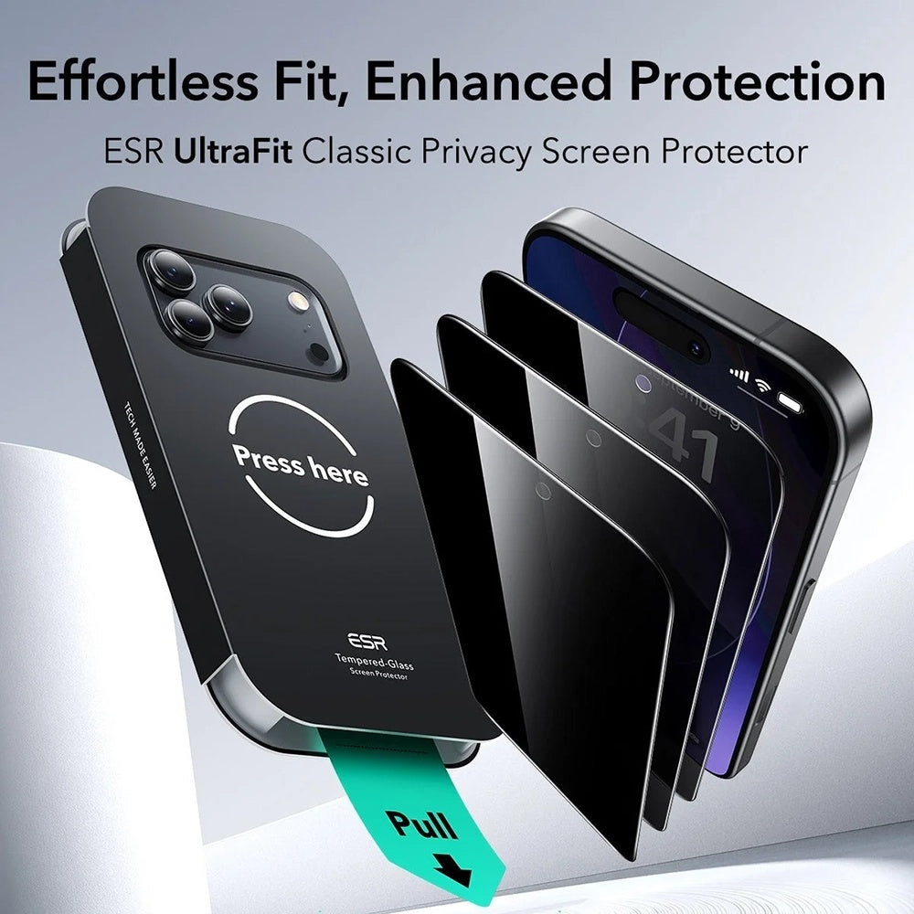 ESR UltraFit Classic Privacy képernyővédő fólia Apple iPhone 18 Pro-hoz, edzett üveg, teljes ragasztó, 3 darabos készlet