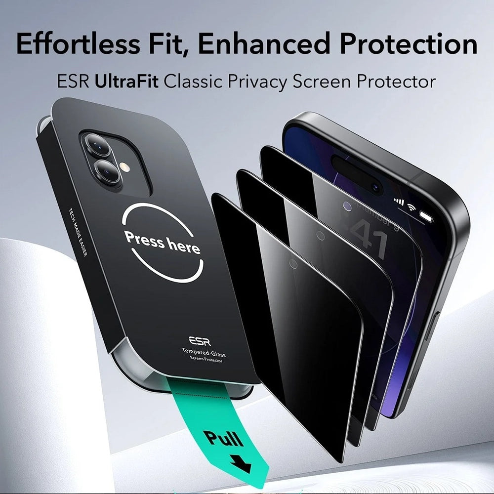 Védőfólia Ecran Privacy ESR UltraFit Apple iPhone 17 / 16 Pro-hoz, Edzett Üveg, Teljes Ragasztás, 3 darabos készlet