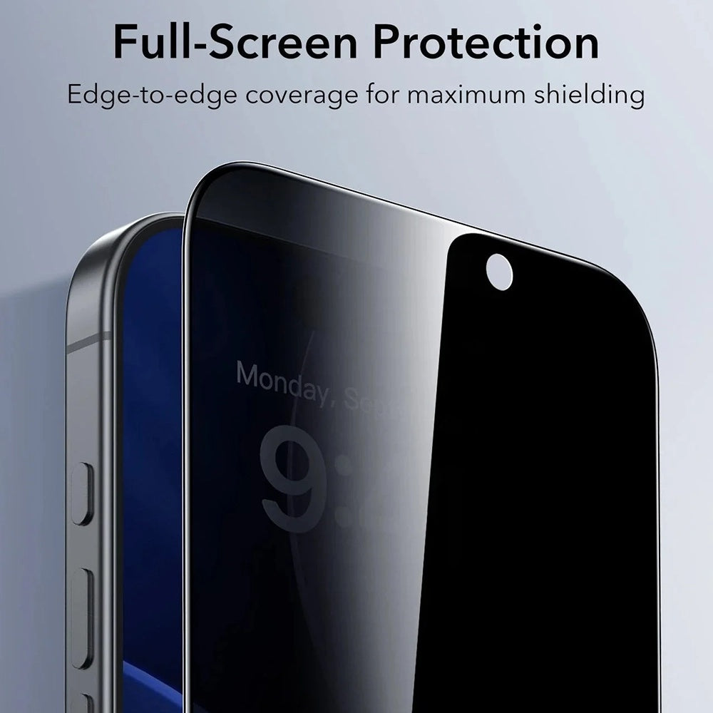 Védőfólia Ecran Privacy ESR UltraFit Apple iPhone 17 / 16 Pro-hoz, Edzett Üveg, Teljes Ragasztás, 3 darabos készlet