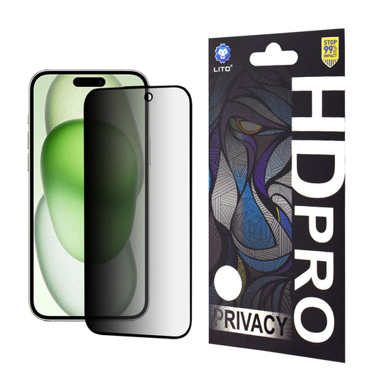 Lito HD Pro Privacy képernyővédő fólia Apple iPhone 15 Plus-hoz, edzett üveg, teljes ragasztóval