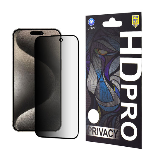 Lito HD Pro Privacy képernyővédő fólia Apple iPhone 15 Pro Max készülékhez, edzett üveg, teljes ragasztófelület