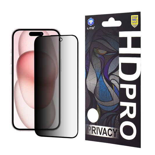 Lito HD Pro Privacy képernyővédő fólia Apple iPhone 15-höz, edzett üveg, teljes ragasztóval