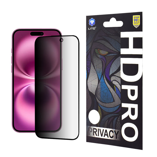 Lito HD Pro Privacy képernyővédő fólia Apple iPhone 16 Plus-hoz, edzett üveg, teljes ragasztóval