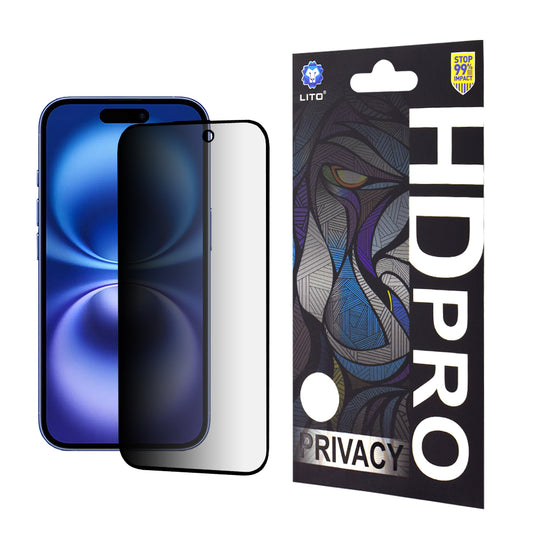 Lito HD Pro Privacy képernyővédő fólia Apple iPhone 16-hoz, edzett üveg, teljes ragasztóval