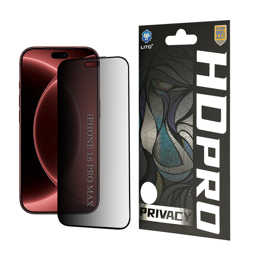Lito HD Pro Privacy képernyővédő fólia Apple iPhone 18 Pro Max-hoz, edzett üveg, teljes ragasztóval