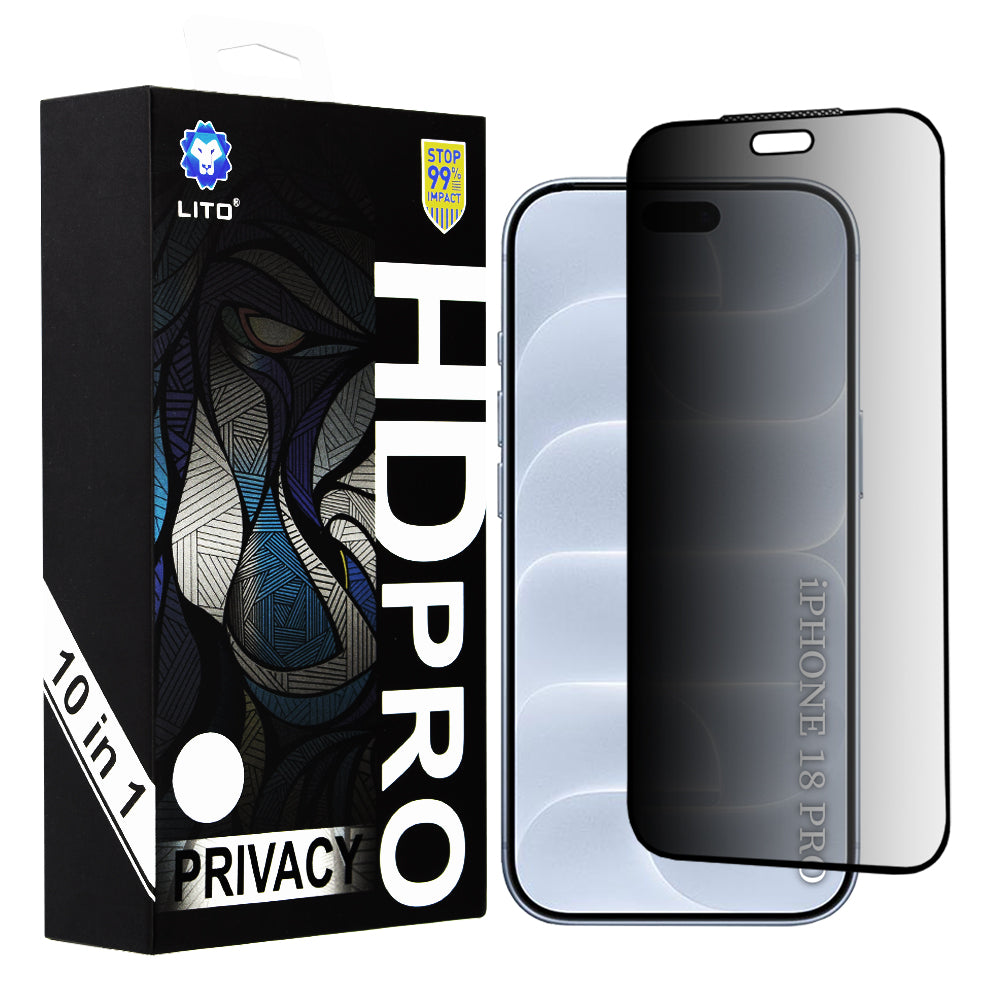 Lito HD Pro Privacy Screen Protector for Apple iPhone 18 Pro, Tempered Glass, Full Glue, Set of 10 Pieces