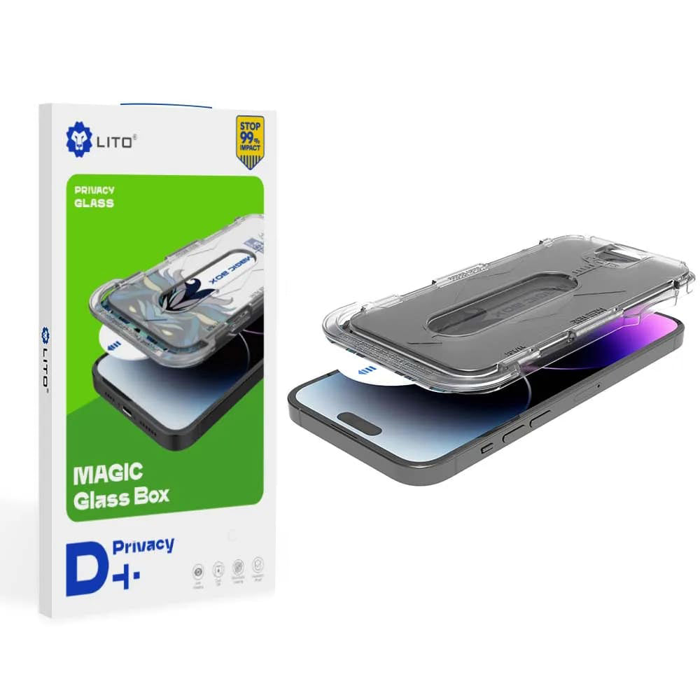 Privacy Screen Protector Film Lito Magic Glass Box D+ Tools for Apple iPhone 17e / 16e / 14 / 13 Pro, Tempered Glass, Full Glue