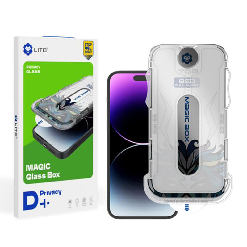 Privacy Screen Protector Film Lito Magic Glass Box D+ Tools for Apple iPhone 17e / 16e / 14 / 13 Pro, Tempered Glass, Full Glue
