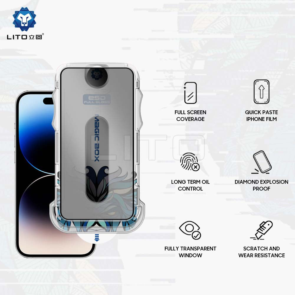 Privacy Screen Protector Film Lito Magic Glass Box D+ Tools for Apple iPhone 17e / 16e / 14 / 13 Pro, Tempered Glass, Full Glue