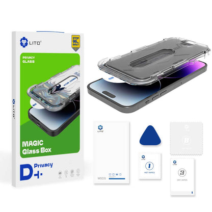 Privacy Screen Protector Film Lito Magic Glass Box D+ Tools for Apple iPhone 17e / 16e / 14 / 13 Pro, Tempered Glass, Full Glue
