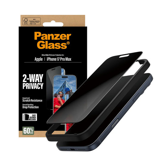 Privacy PanzerGlass Ultra-Wide Fit 2-Way EasyAligner képernyővédő fólia Apple iPhone 17 Pro Max készülékhez, Edzett üveg, Teljes ragasztás