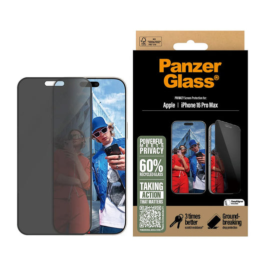 Védőfólia Privacy PanzerGlass Ultra-Wide Fit EasyAligner az Apple iPhone 16 Pro Max-hoz, Edzett Üveg, Teljes Ragasztás