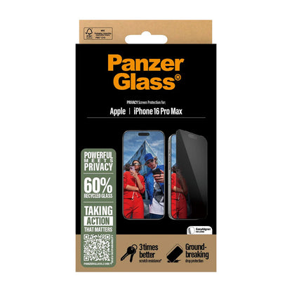 Védőfólia Privacy PanzerGlass Ultra-Wide Fit EasyAligner az Apple iPhone 16 Pro Max-hoz, Edzett Üveg, Teljes Ragasztás