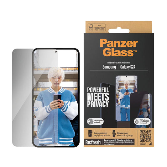 Védőfólia Privacy PanzerGlass Ultra-Wide Fit EasyAligner a Samsung Galaxy S24 S921-hez, Edzett Üveg, Teljes Ragasztás