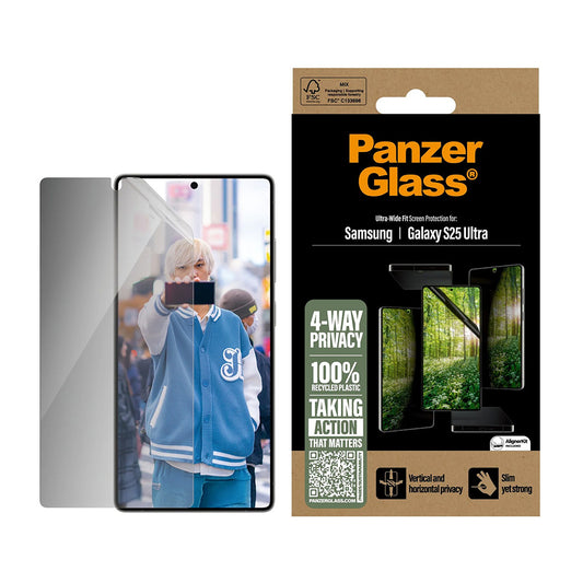 Privacy PanzerGlass Ultra-Wide Fit Eco Matrix 4-Way védőfólia Samsung Galaxy S25 Ultra S938 készülékhez, Edzett üveg, Teljes ragasztás