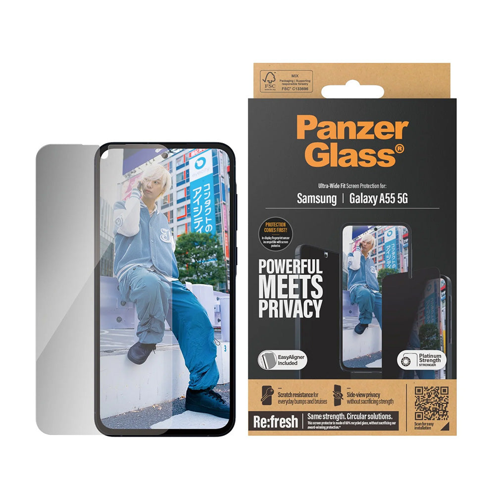 Privacy PanzerGlass Ultra-Wide Fit védőfólia Samsung Galaxy A55 5G A556 készülékhez, Edzett üveg, Teljes ragasztás