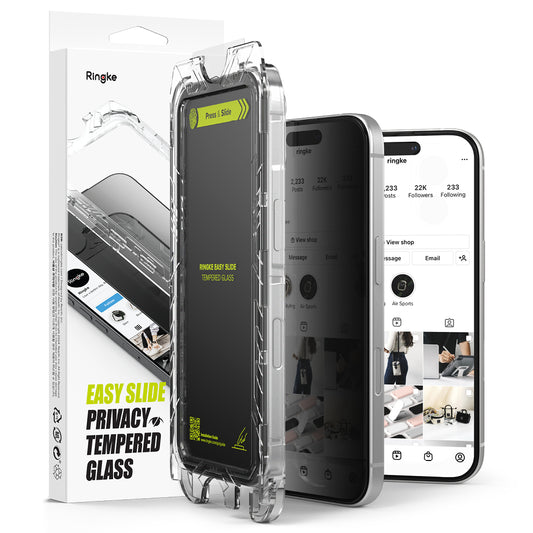 Privacy Ringke Easy Slide képernyővédő fólia Apple iPhone 16 Plus / 15 Plus készülékekhez, Edzett üveg, Teljes ragasztás, 2 darabos készlet