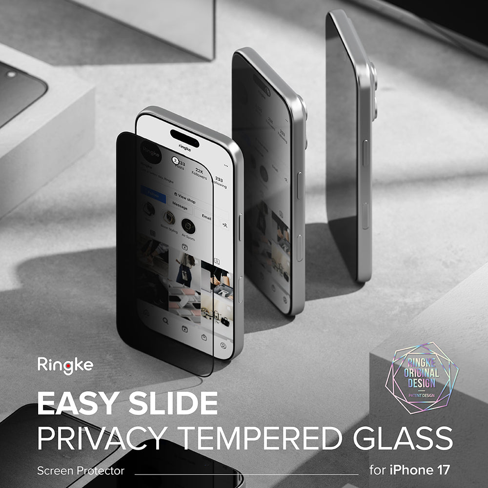 Ringke Easy Slide Privacy képernyővédő fólia Apple iPhone 17-hez, edzett üveg, teljes ragasztó, 2 darabos készlet