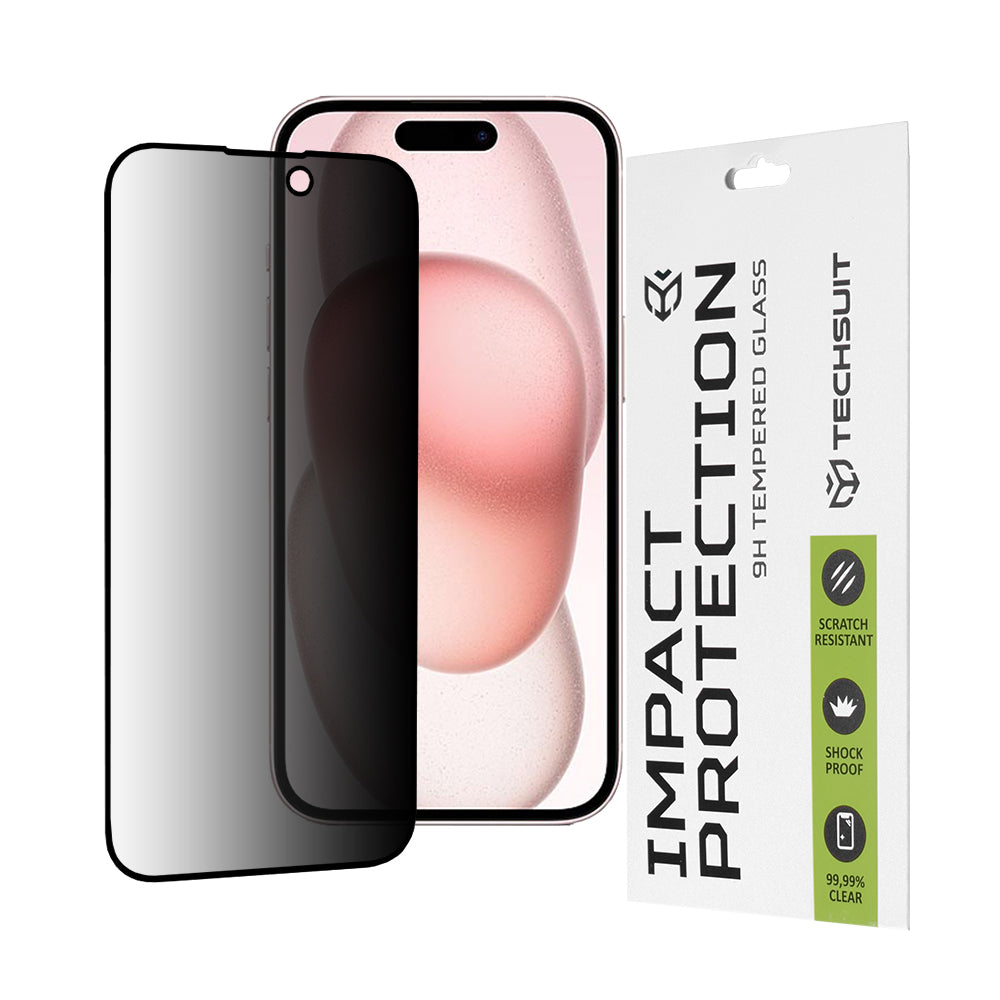 Techsuit Privacy képernyővédő fólia Apple iPhone 16 / 15 készülékhez, edzett üveg, teljes ragasztó, 111D