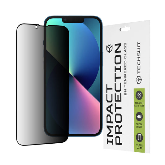 Privacy Techsuit képernyővédő fólia Apple iPhone 17e / 16e / 14 / 13 Pro készülékekhez, edzett üveg, teljes ragasztó, 111D