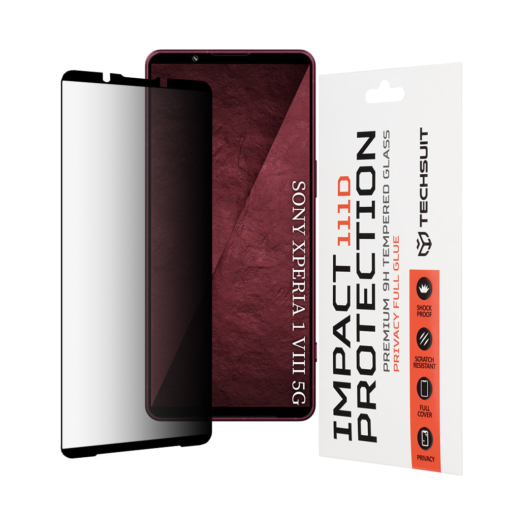 Techsuit Privacy képernyővédő fólia Sony Xperia 1 VIII-hoz, edzett üveg, teljes ragasztó, 111D
