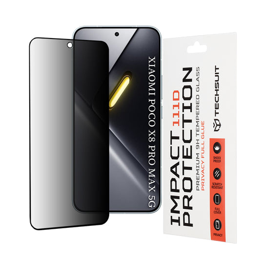 Privacy Techsuit védőfólia Xiaomi Poco X8 Pro Max készülékhez, Edzett üveg, Teljes ragasztás, 111D