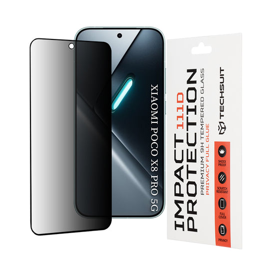 Védőfólia Privacy Techsuit Xiaomi Poco X8 Pro készülékhez, Edzett üveg, Teljes ragasztás, 111D